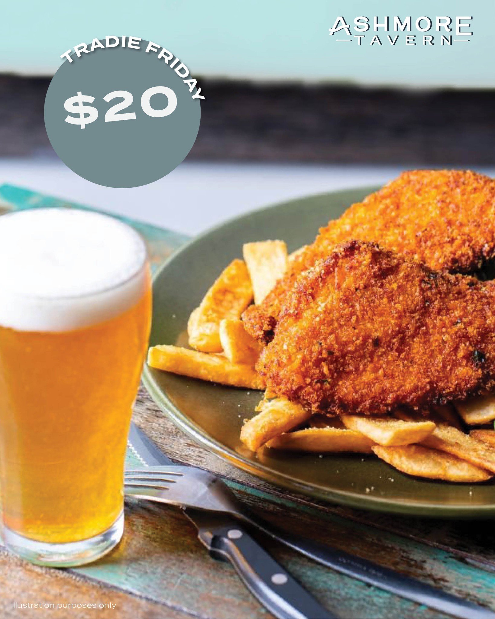 Kick back and relax at Ashmore Tavern today with our Friday Public Bar Tradie Special! 🤩🎉

Enjoy a hearty 250g chicken schnitzel served with crispy beer battered chips, gravy, and a refreshing pot of Great Northern Original or Super Crisp for only 