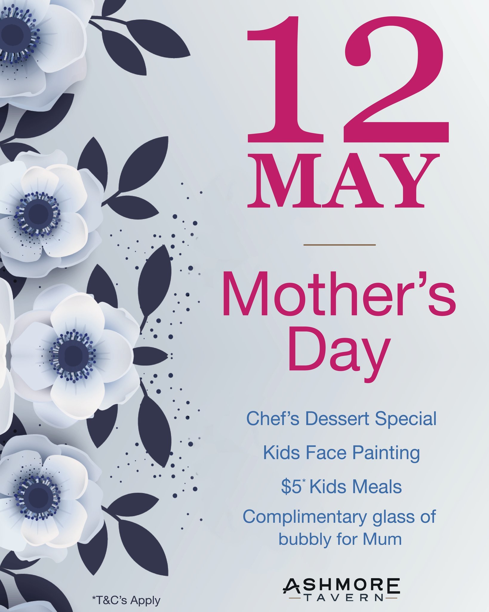 🌸✨ Treat Mum to a memorable Mother's Day at Ashmore Tavern!
 
Indulge in our Chef&rsquo;s dessert special, while the kids enjoy face painting and $5* Kids Meals. PLUS, Mum receives a complimentary glass of bubbly to top off her special day! 

Don't 