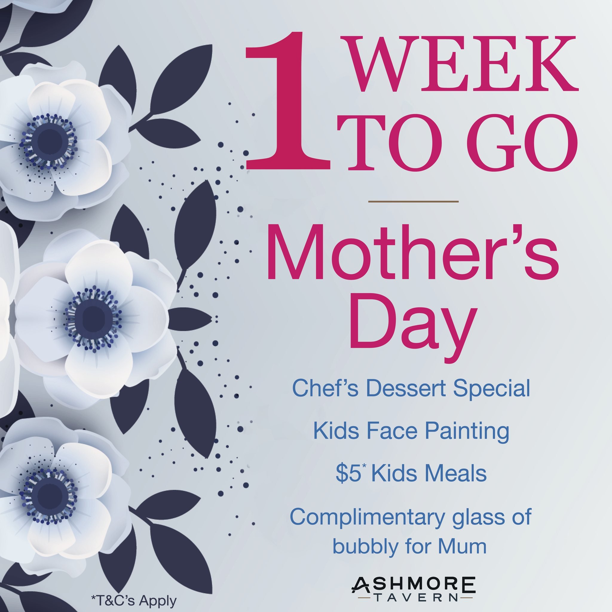 Just 1 week to go until Mother's Day! 🌸 

Show Mum some love with a delightful outing at Ashmore Tavern. Enjoy our chef&rsquo;s dessert special, kids face painting, $5* kids meals, and a complimentary glass of bubbly for Mum.

Book your table today 