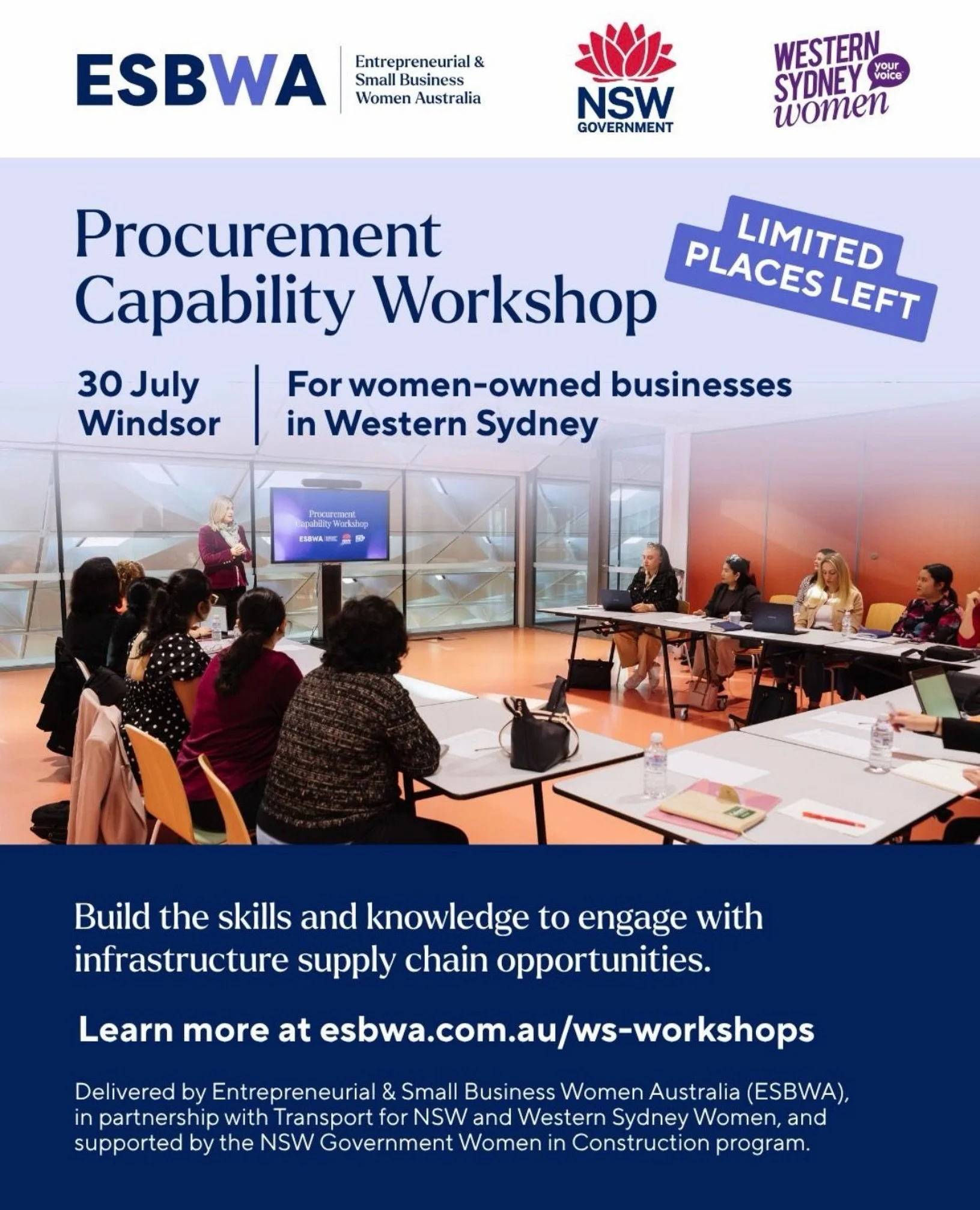 Absolutely out of your mind to not grab those last spots. 

Details:

&ldquo;Only 5 places left for the free Procurement Capability Workshops for women-owned businesses in Western Sydney thanks to Entrepreneurial &amp; Small Business Women Australia 