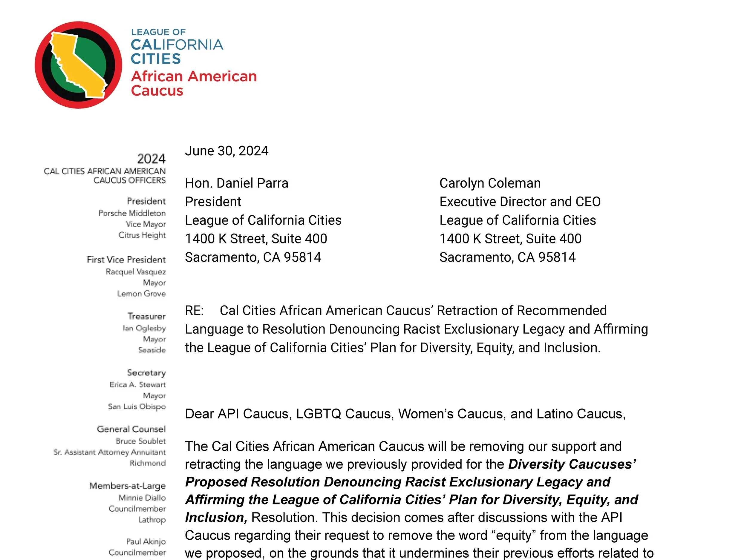 The Cal Cities African American Caucus releases open letter to Cal Cities Leaders and Diversity Caucuses.
