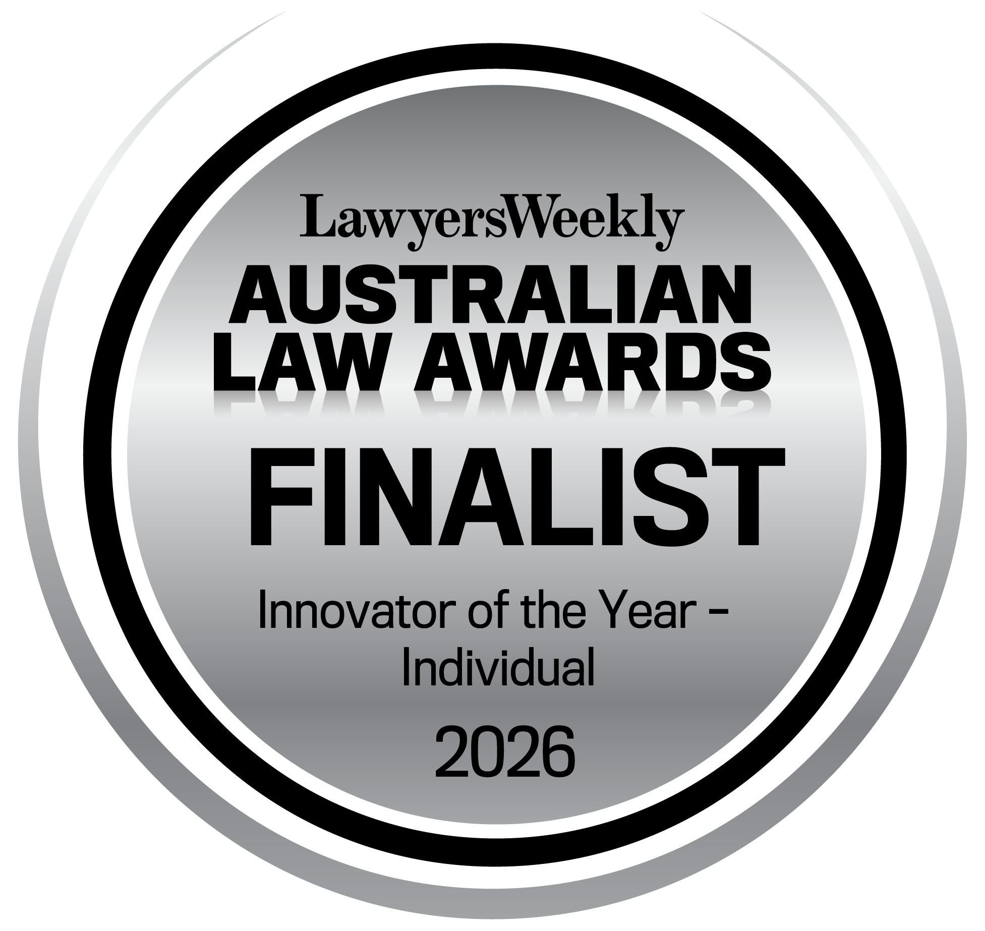 Award badge for LawyersWeekly Australian Law Awards, Finalist 2026, Indie/Individual