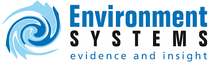 Environment Systems logo featuring a blue spiral design and the text "Environment Systems" with the tagline "evidence and insight."