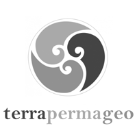 Logo with circular design resembling a yin-yang symbol, featuring swirls in three shades of gray, with the text 'terraperma' and 'geo' underneath.