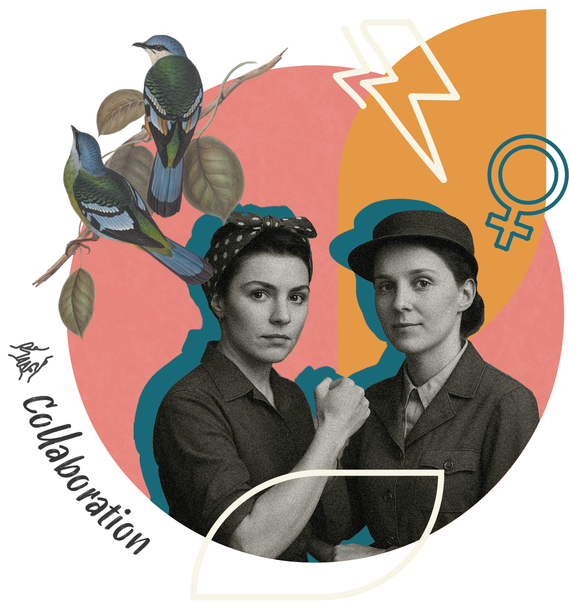 Two WW2 riveters front a collage representing collaboration with birds