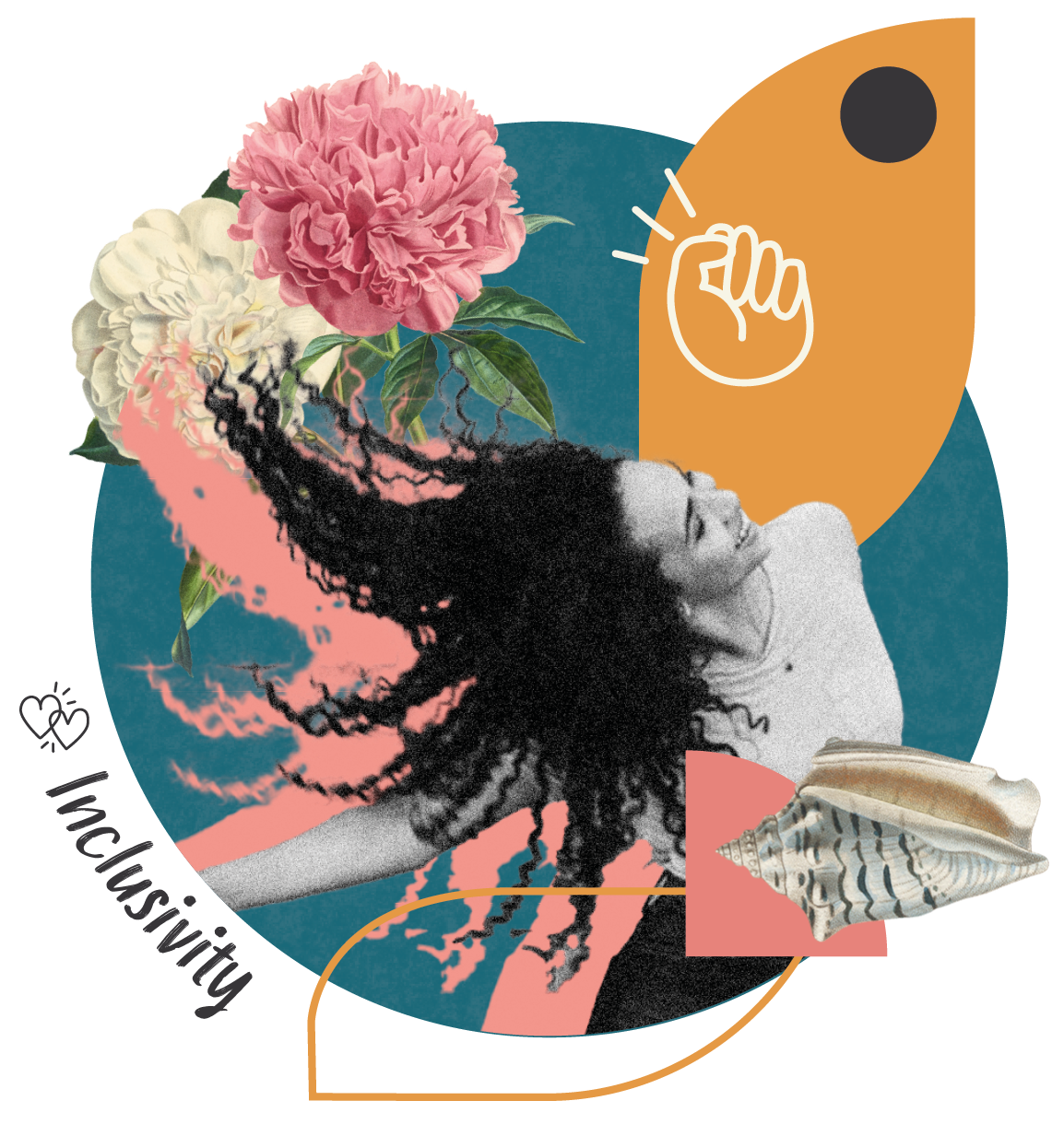 Collage featuring a smiling woman with curly hair, pink and white peonies, abstract shapes, and a shell, with a hand-drawn fist bump icon in the top right.