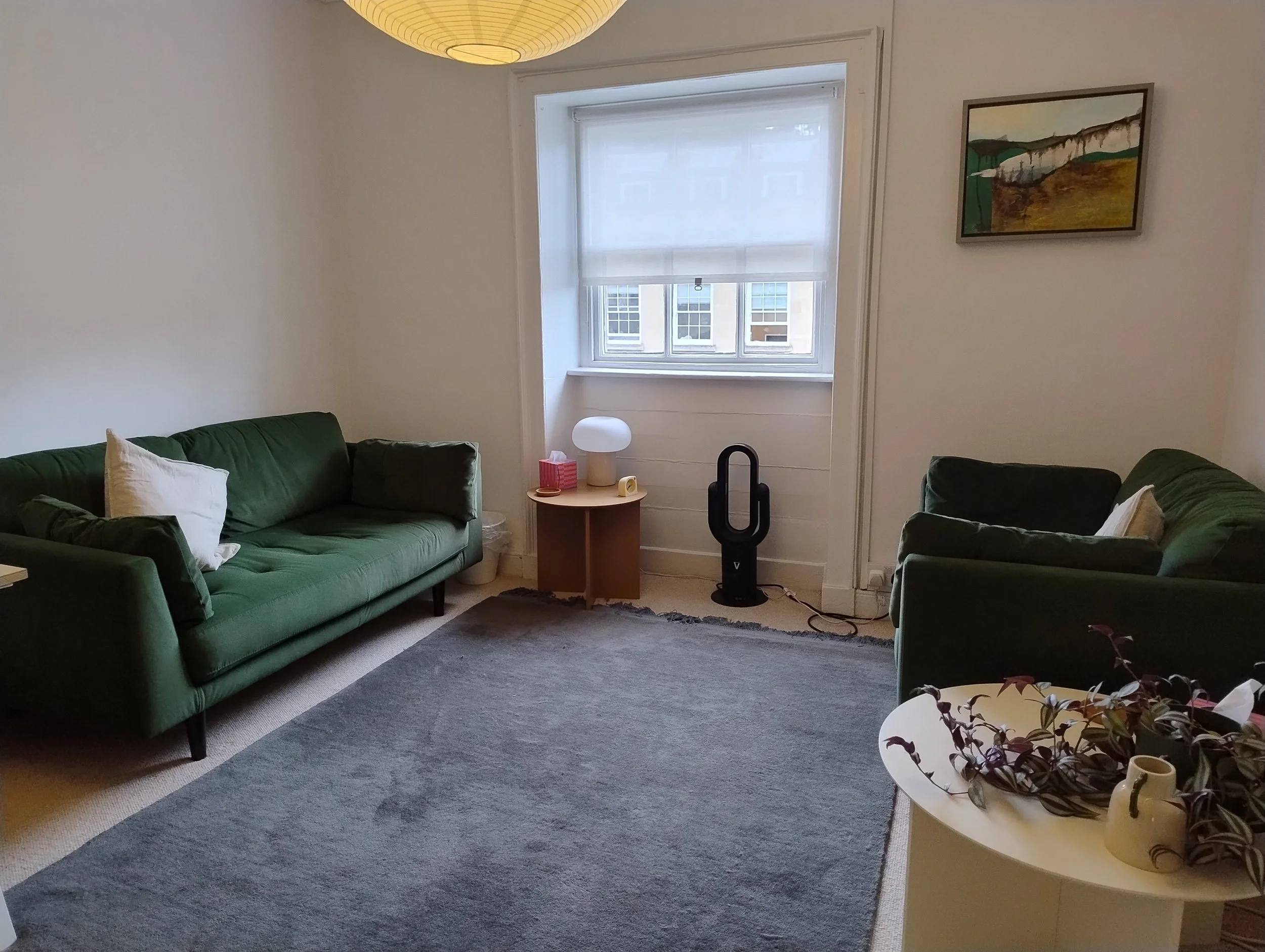 Comfortable therapy room with green sofas, white cushions and a dark grey rug. Light streams in the window, below which there is a small side table with a lamp. A plant on a table sits in the foreground, and a framed landscape painting on the wall.