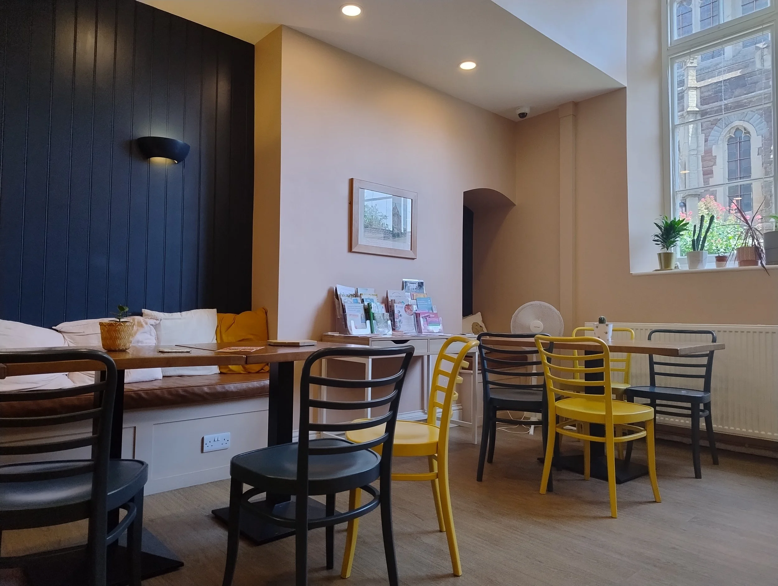 A view of the cosy waiting room, with a large window, colourful chairs around tables, and a wall with a dark panel, framed artwork, and indoor plants.