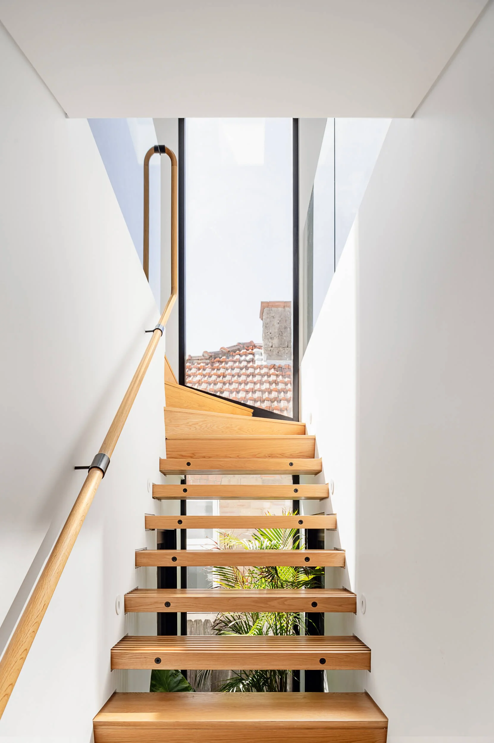 Floating open-tread timber staircase featuring a wooden handrail, indoor planter, and vertical slot window at Bondi Heights in Sydney, NSW