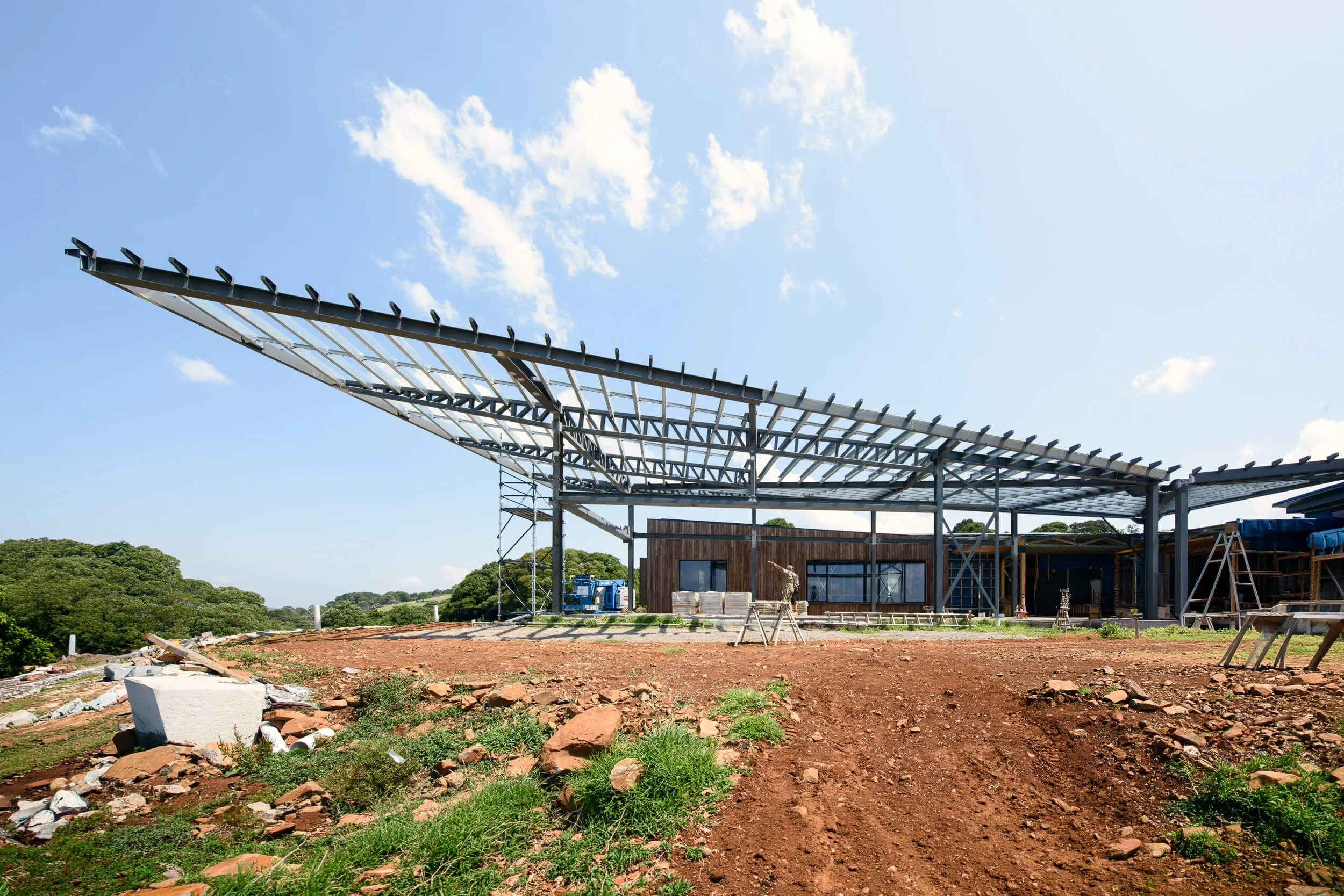 Steel roof structure and site engineering at East Kangaloon. Premium architectural photography and film documenting true materiality, spatial flow, and craftsmanship for Master Builders and designers in Regional NSW
