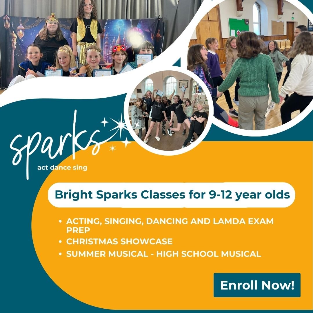✨BRIGHT SPARKS CLASSES FOR 9-12 YEAR OLDS ✨

⭐Classes in acting, dancing, singing and LAMDA exam preparation. 

⭐Solo LAMDA exam preparation for our optional yearly exams in acting, musical theatre or verse and prose.

⭐Performances throughout the ye