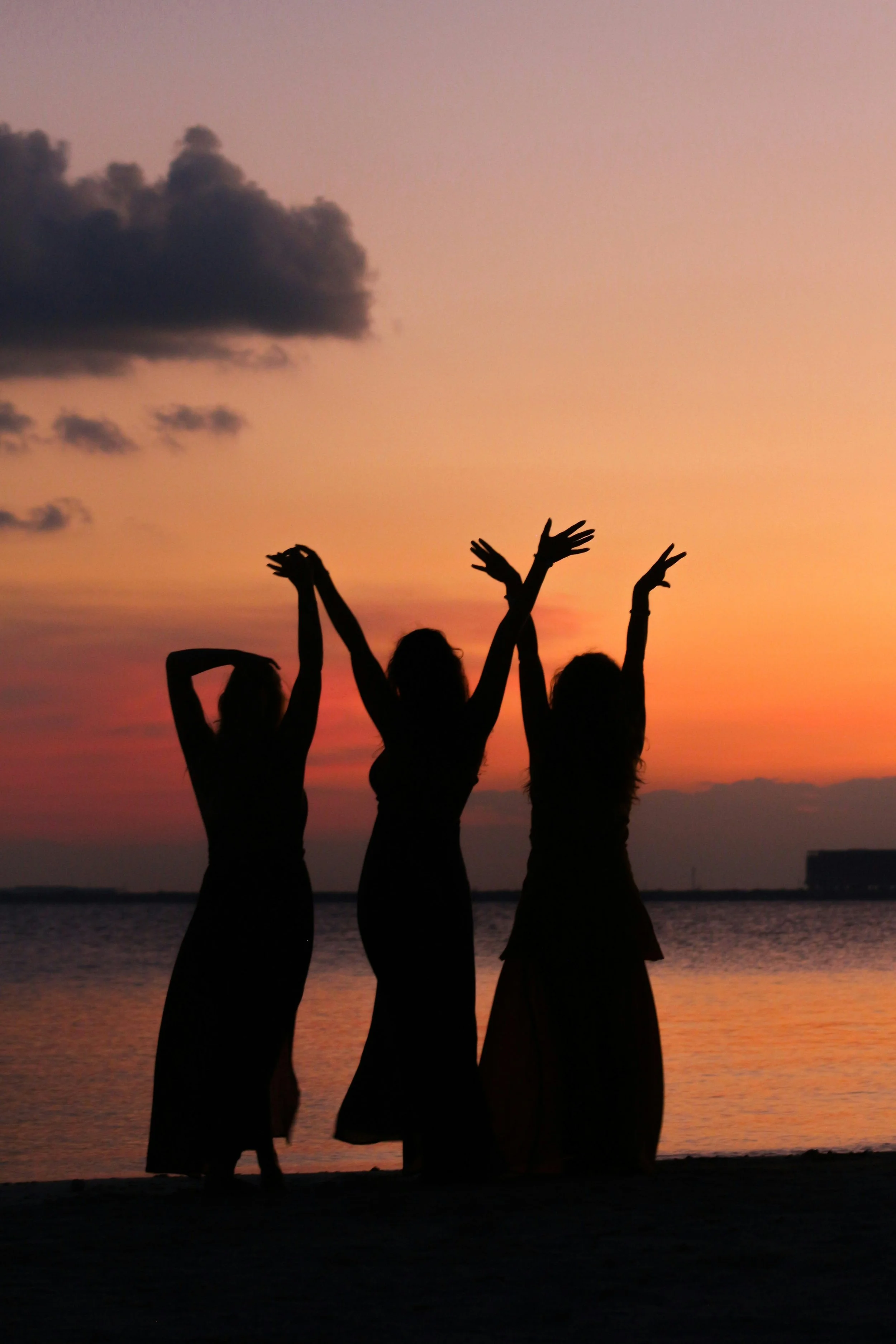 women with hands in air at sunset