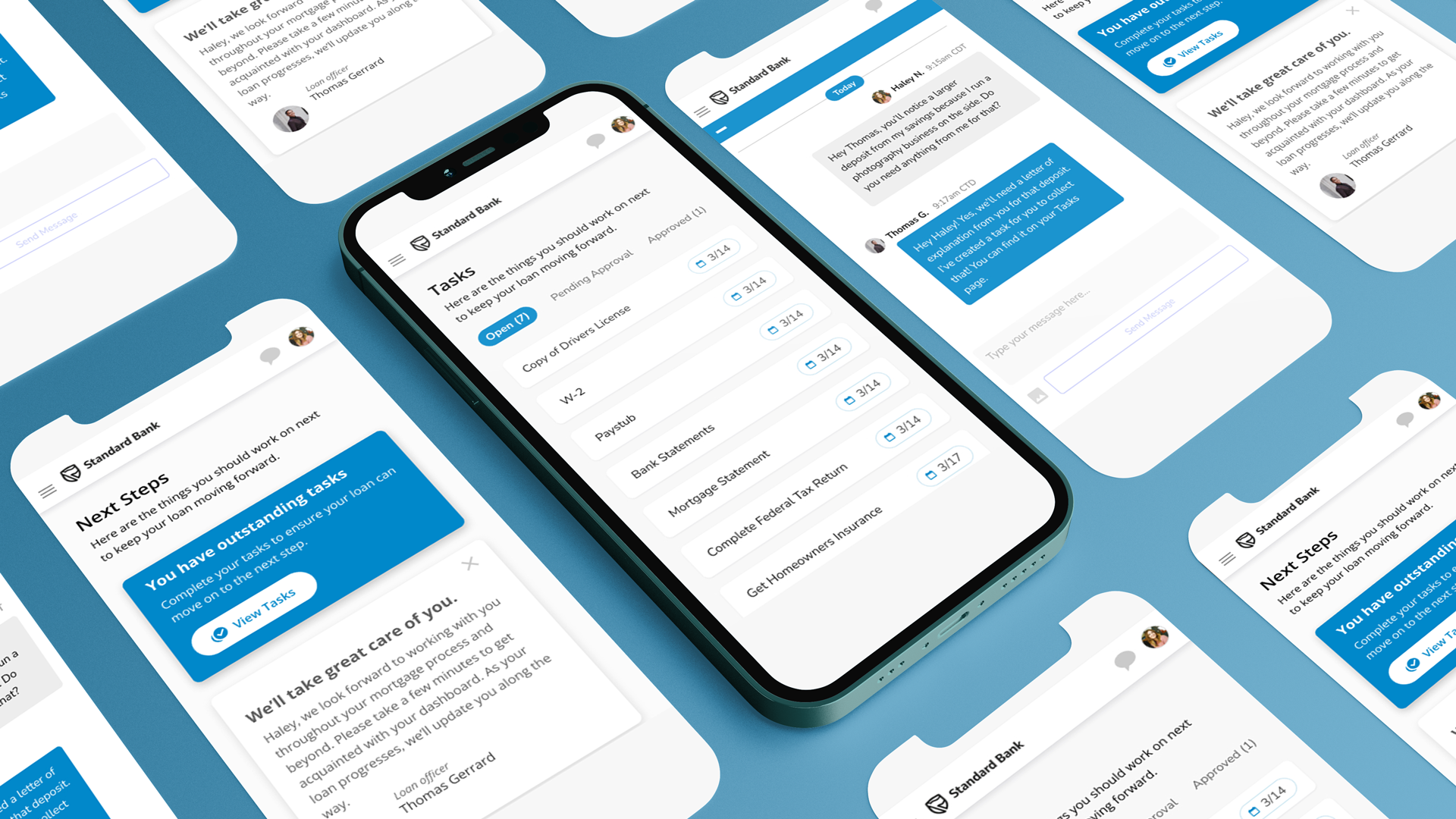 Mobile banking app interface on multiple smartphone screens showcasing tasks, next steps, and messages from Standard Bank.