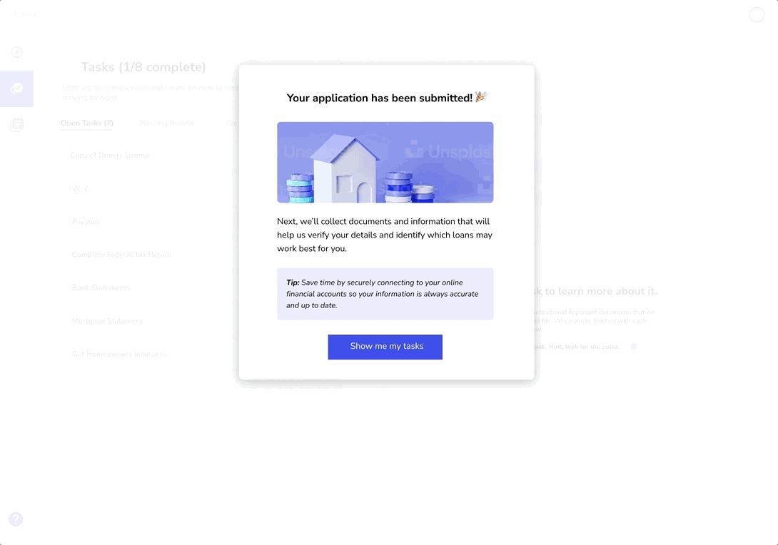 Loan application submission confirmation screen with documents checklist and task completion instructions.