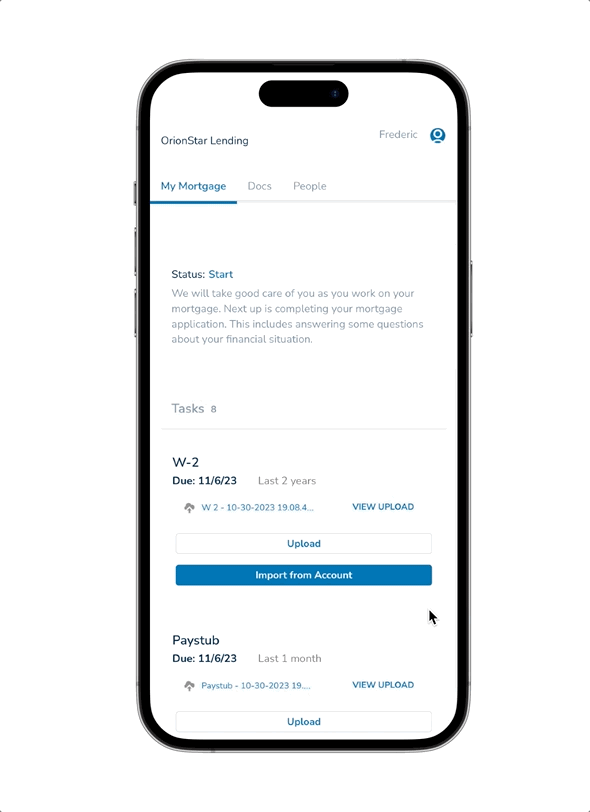 A smartphone screen displaying a mortgage application interface from OrionStar Lending. It shows sections My Mortgage, Docs, and People. The screen lists tasks related to document uploads, including W-2 and Paystub with due date 11/6/23. Options include uploading documents or importing from an account.