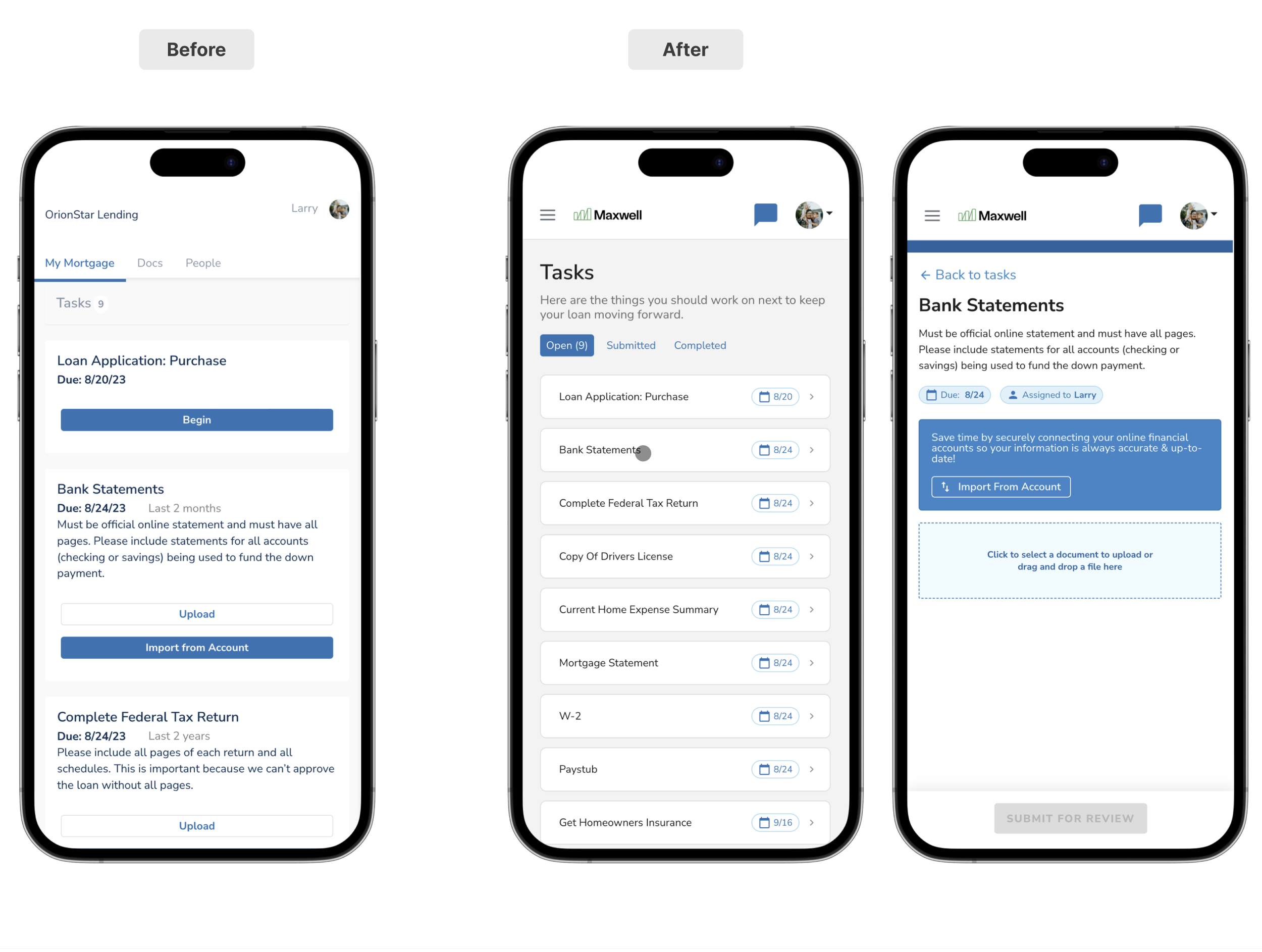 Comparison of mortgage task management app interface before and after redesign on mobile screen.
