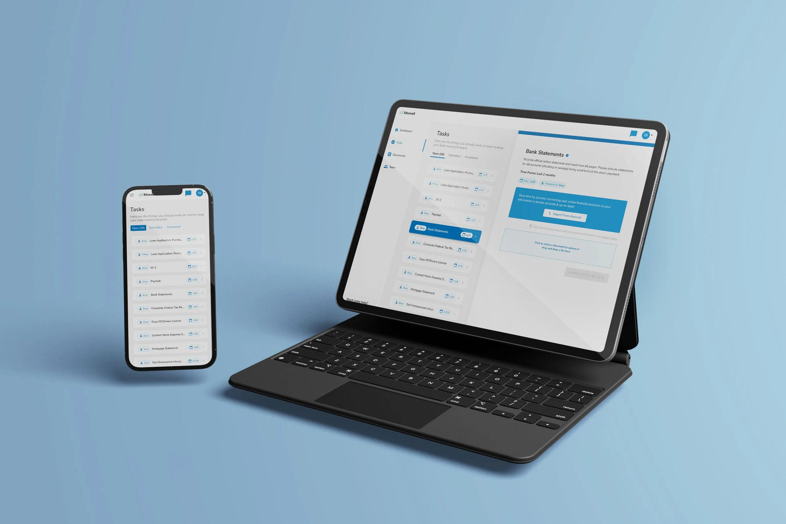 Smartphone and tablet displaying a task management app interface.