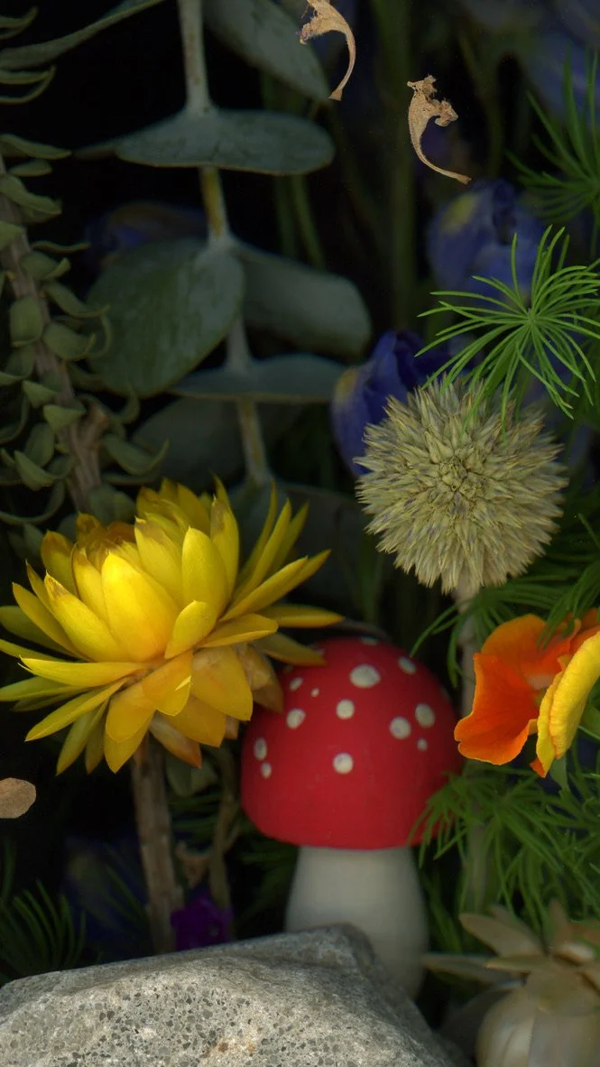 Colorful artificial garden scene with yellow flower, red and white mushroom decoration, green plants, and a dried seed pod. This image showcases botanicals using scanography. 