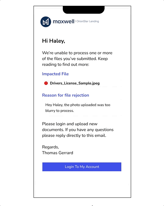 Email notification from OrionStar Lending stating file rejection, with details about a blurry driver's license sample image.