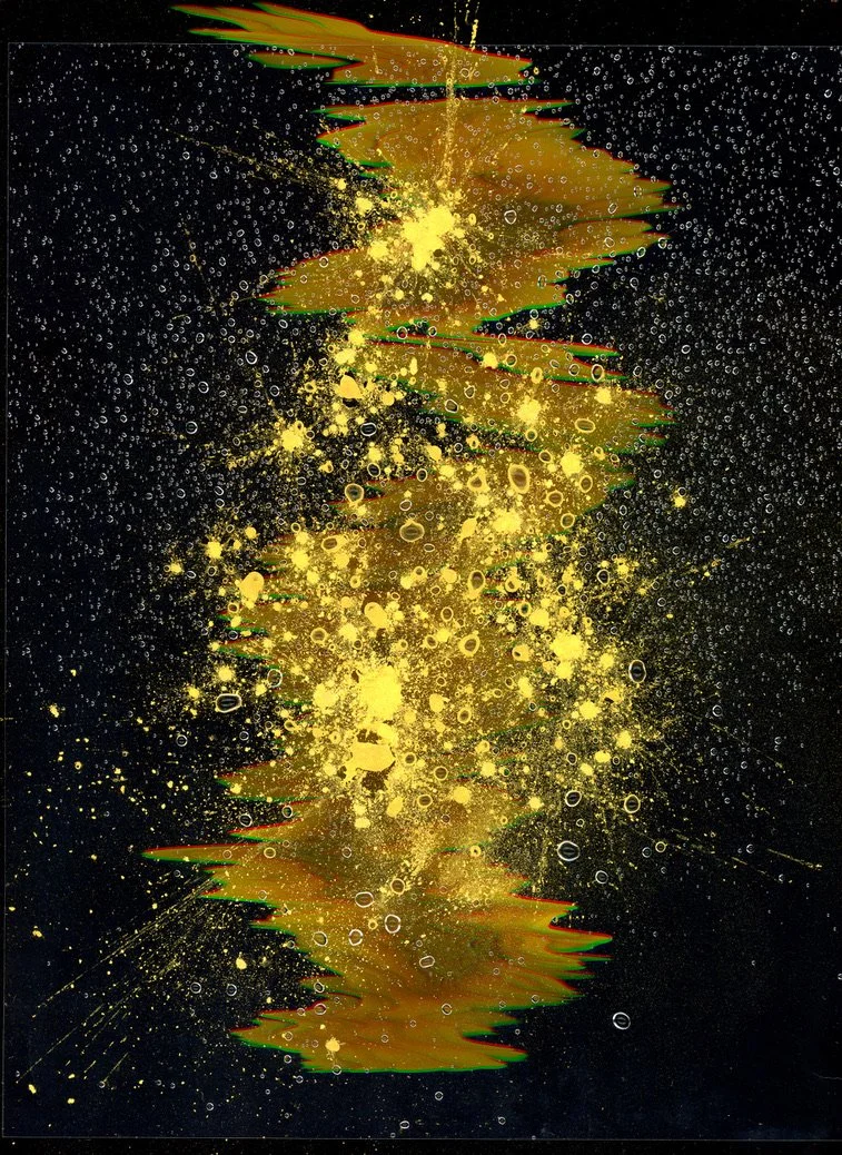 Abstract digital art featuring a glowing yellow particle burst with splatters and streaks, overlaid with a jagged, layered pattern in orange and green on a black background. Created with scanography