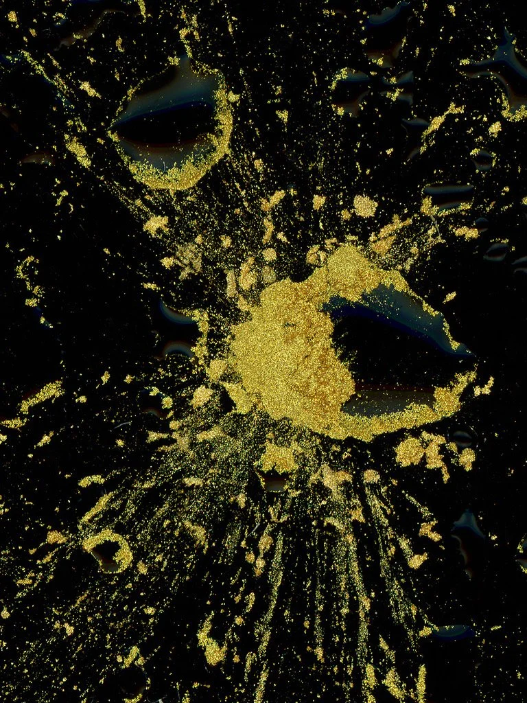 Close-up of a textured black and gold surface resembling a face with one eye and a nose, created with gold glitter or paint on a dark background. This image showcases fluids using the scanography technique.