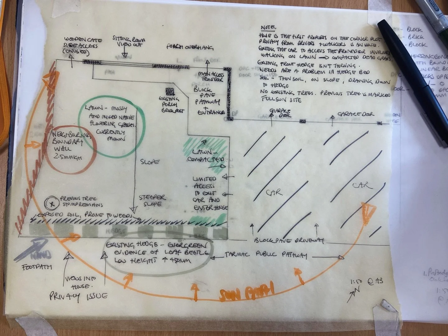 Visual site analysis for a front garden. 

Typical issues experienced by my clients here - tight access from car to house, trampled lawn, sloping ground, weeds and debris being blown into the front low hedge. And the big one - privacy, everyone who w