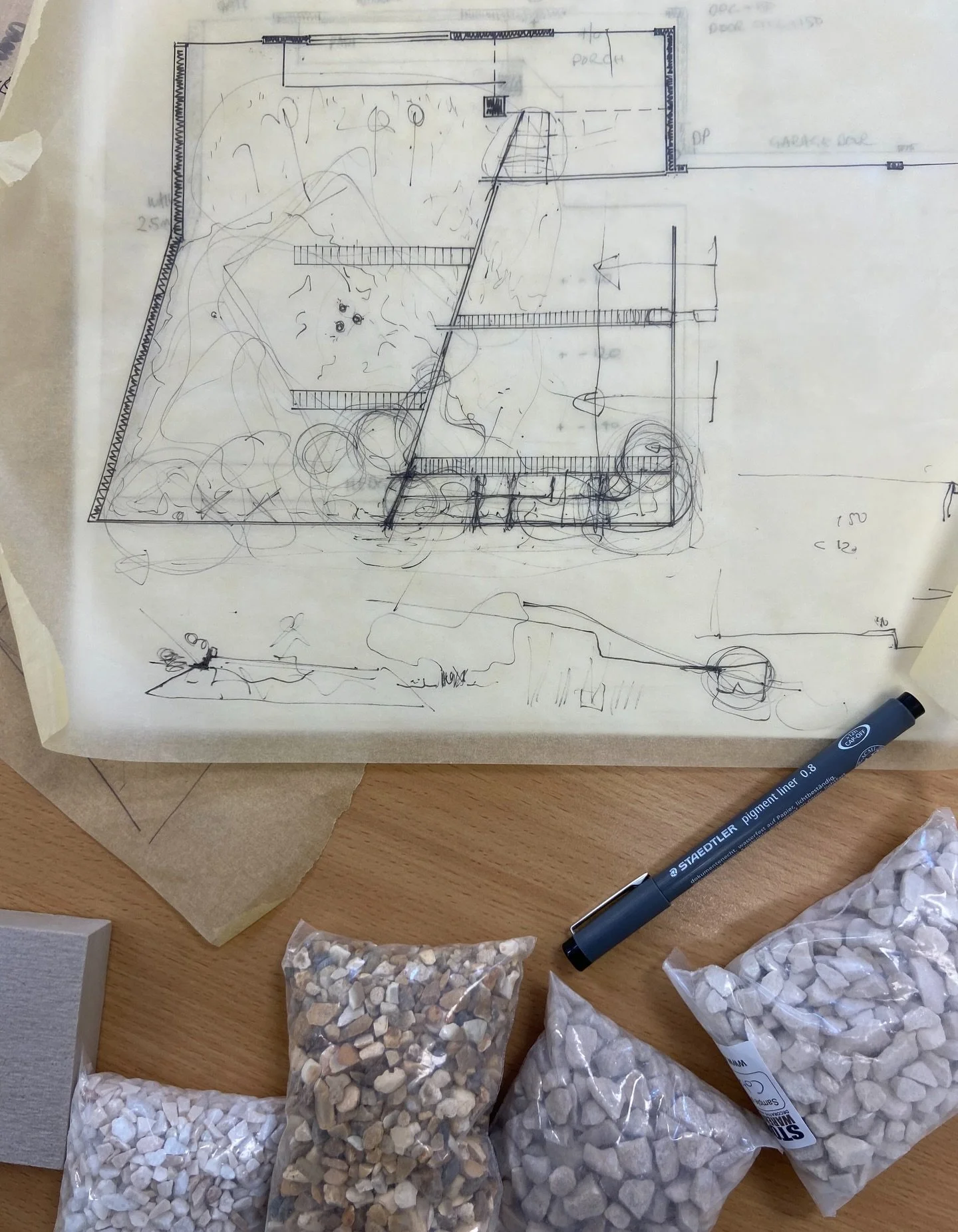Progress on the front garden design in Oakham. 

This morning my clients visited the studio to talk through the overall concept and where the design inspiration has come from. 
As you can see from the intensity of pen line, we have some pinch areas r