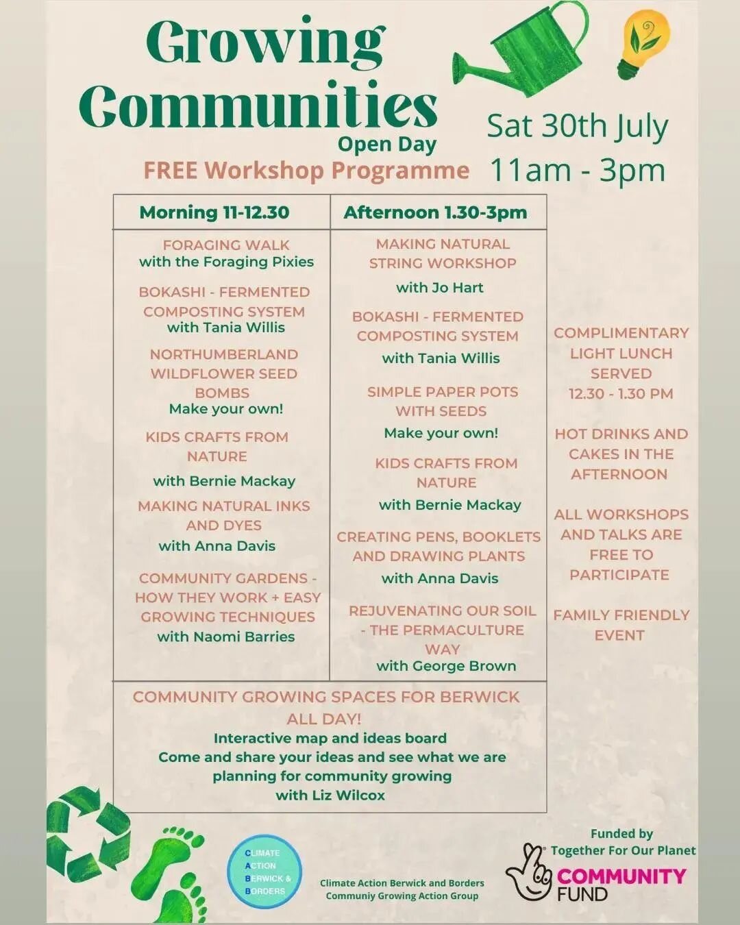 Here's our FREE Workshop Programme for the Open Day, Saturday 30th July 11am - 3pm

Talks, workshops, interactive displays around the theme of Community Growing

ALL completely free, and lunch and refreshments included for all participants

We hope t