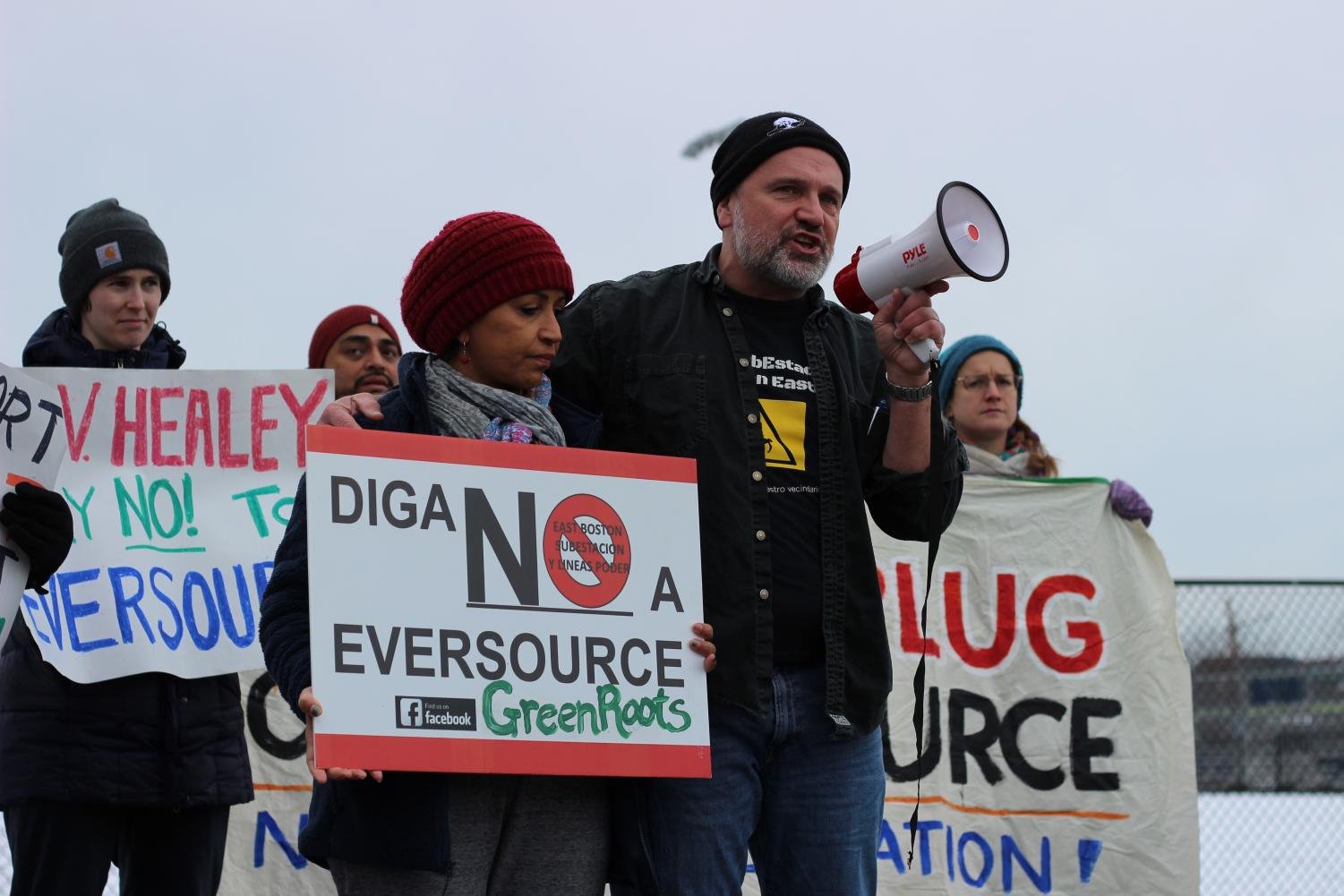 January 2023 — Activists gather at East Boston's Condor Urban Wild to protest the construction of a new Eversource electric substation, nicknamed the Eastie Substation. This protester, and several others, were repeatedly arrested by BPD for attending