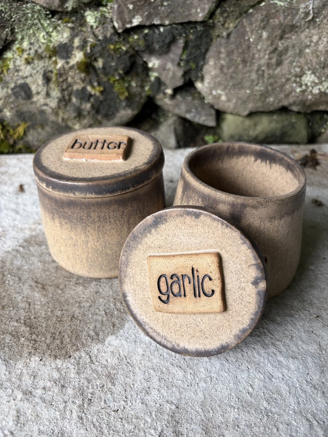 Handmade ceramic stoneware french butter press desert glaze photo shows oil pourer and garlic keeper as well