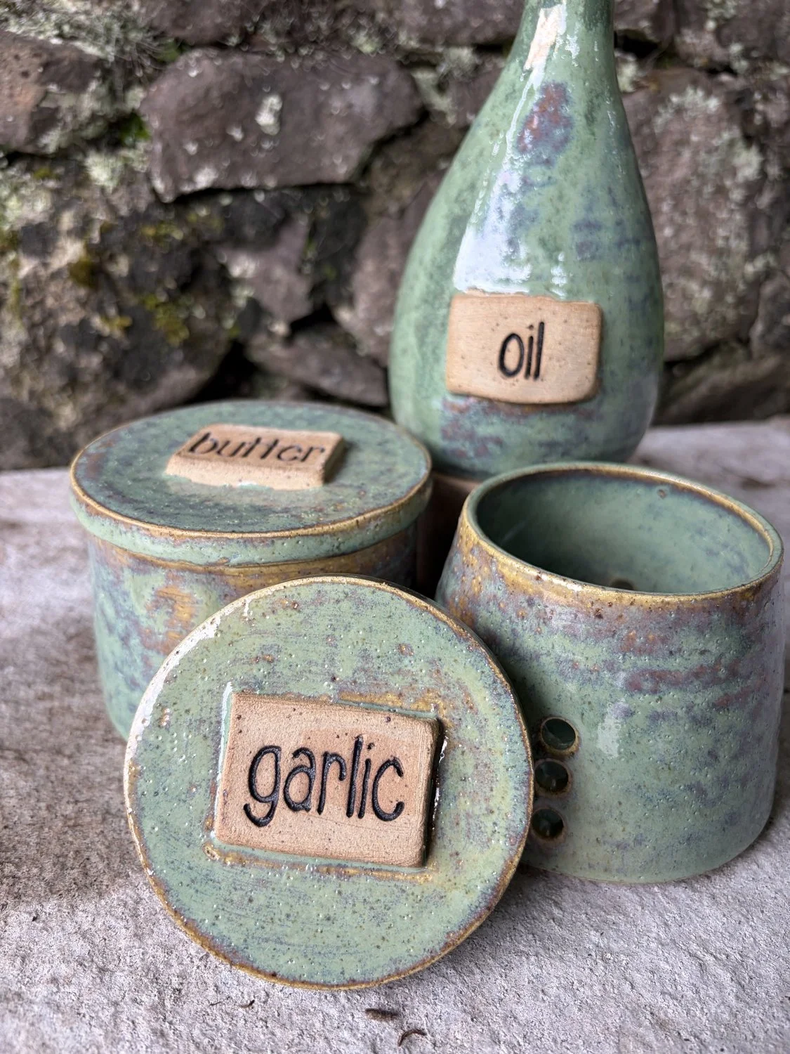 Handcrafted stoneware ceramic oil pourer bottle pistashio glaze plus garlic keeper and french butter press