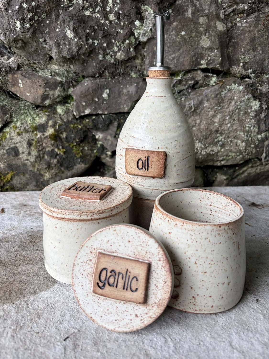 Handcrafted Stoneware ceramic oil pourer bottle vanilla glaze plus garlic keeper and french butter press