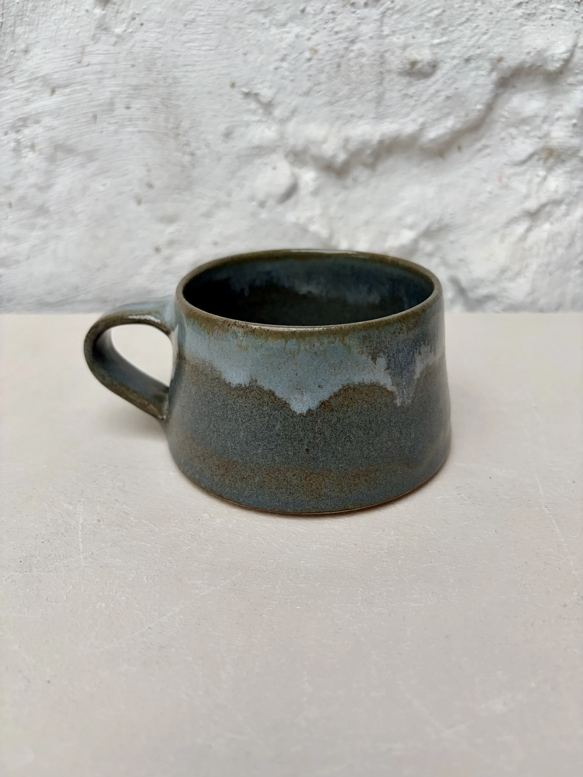 Flat white cup in dusty blue glaze