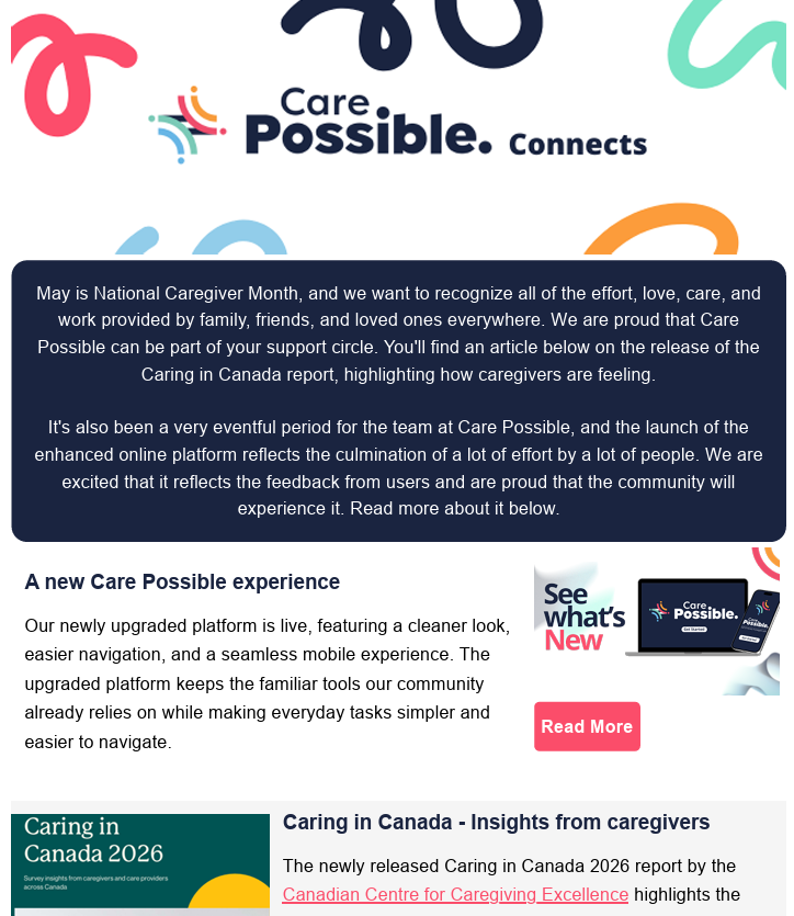 A webpage announcing National Caregiver Month, with Care Possible logo, colorful abstract designs, informational text about caregiving, new platform features, and links to reports and resources.