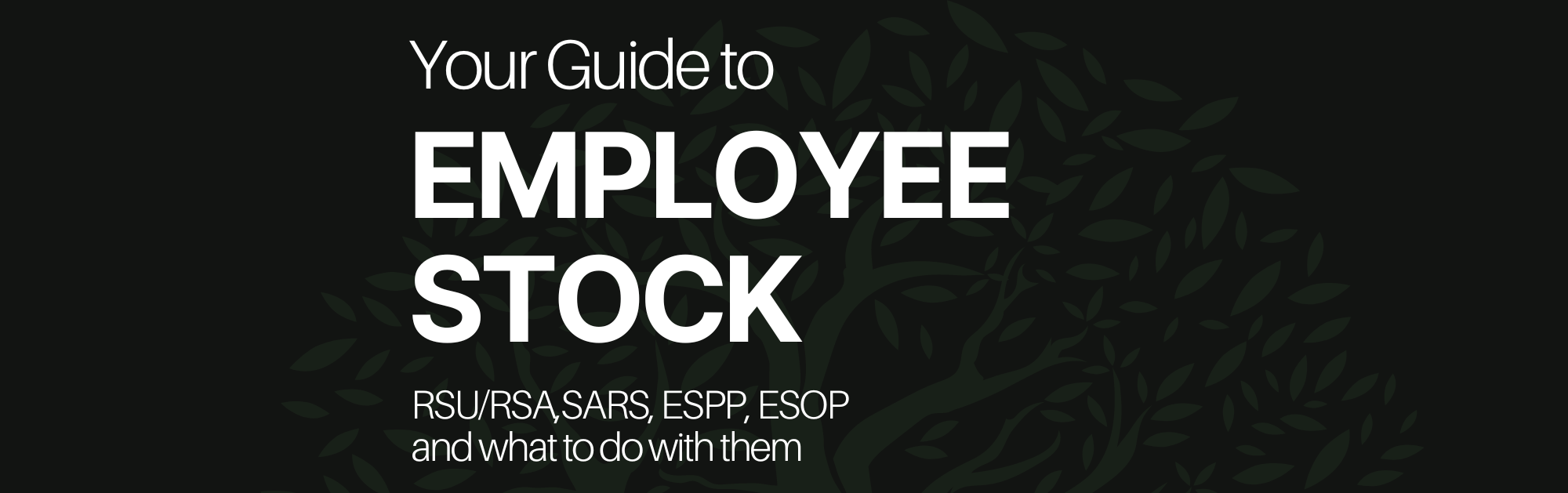 E Book cover titled "Your Guide to Employee Stock RSU/RSA/SARS, ESPP, ESOP and what to do with them" with a dark background and a faint leafy pattern