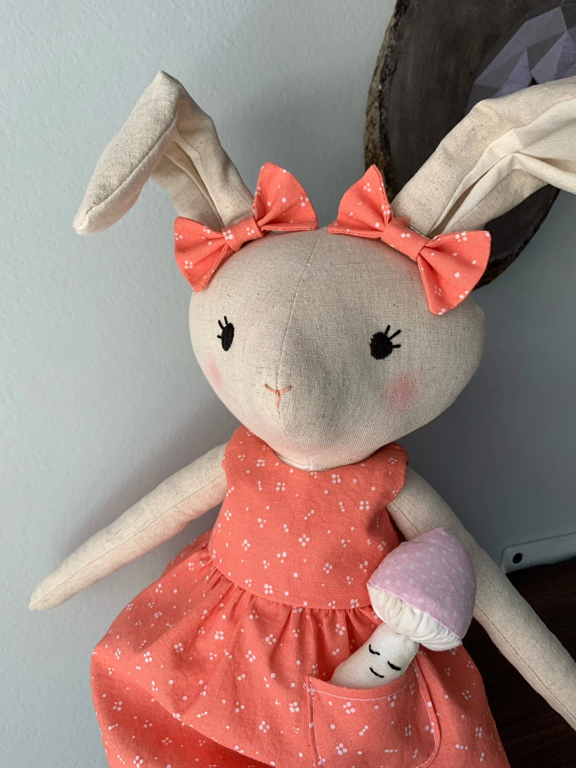 Bunny with dress, extra bow, shoes, & mushroom Pocket Pal