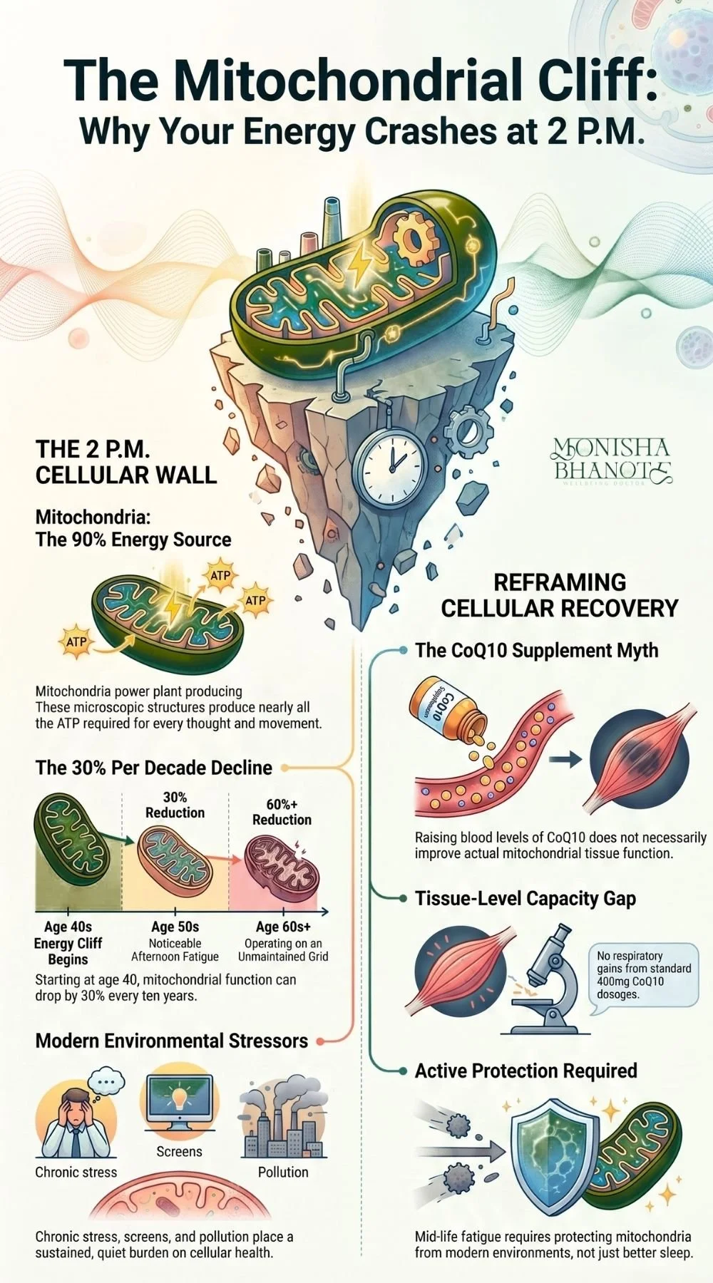 Mitochondrial decline and energy infographic by Dr. Monisha Bhanote.