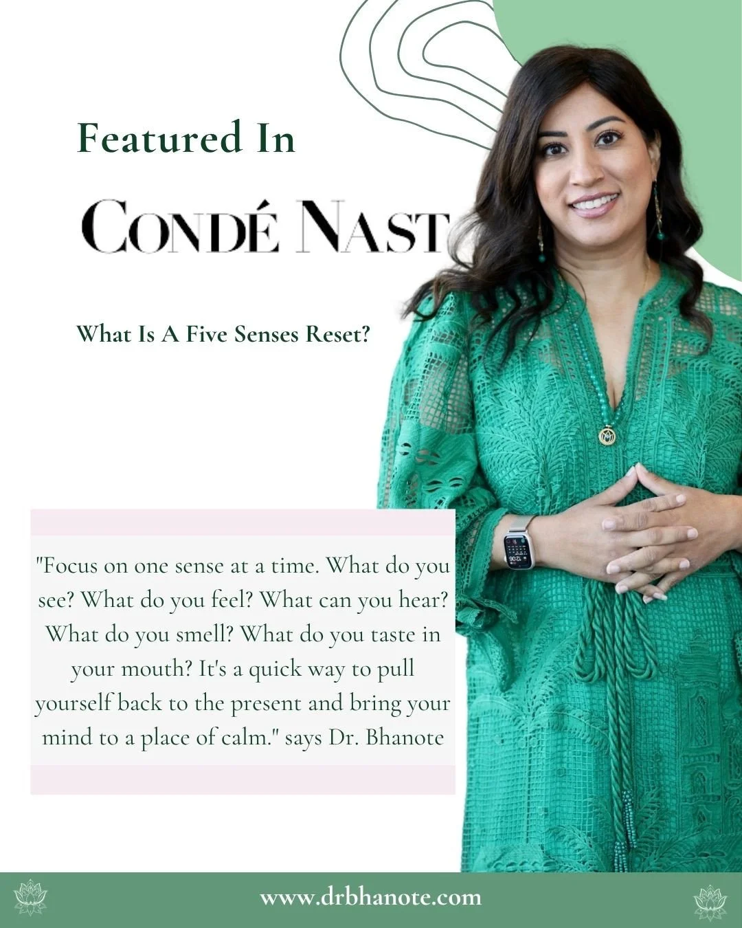 🧠 What Is a Five Senses Reset?⁠
⁠
When stress peaks, your body sends signals &mdash; tension, racing thoughts, shallow breath.⁠
⁠
Featured in Cond&eacute; Nast, Dr. Bhanote reminds us:⁠
⁠
&ldquo;When stress peaks, try a Five Senses Reset.&rdquo;⁠
⁠
