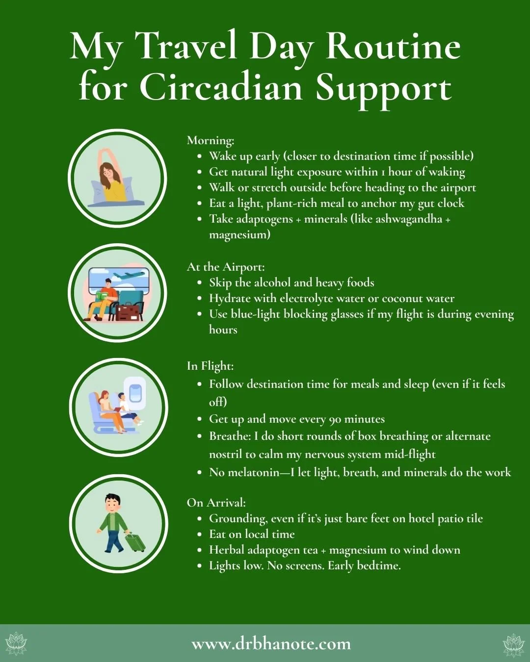 When you travel, your circadian rhythm takes the biggest hit&mdash;not the flight time, not the jet lag, but the biological confusion your cells experience along the way.⁠
⁠
This is the routine I follow on every travel day to keep my gut, nervous sys