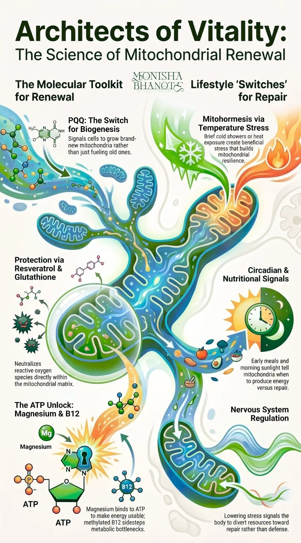 Dr. Monisha Bhanote infographic on mitochondrial renewal and cellular energy.
