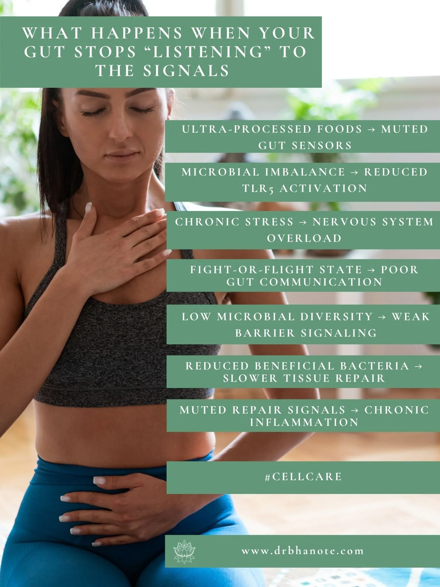 Dr. Monisha Bhanote-inspired infographic showing how chronic stress, poor diet, and low microbial diversity disrupt gut signaling, inflammation repair, and cellular resilience.