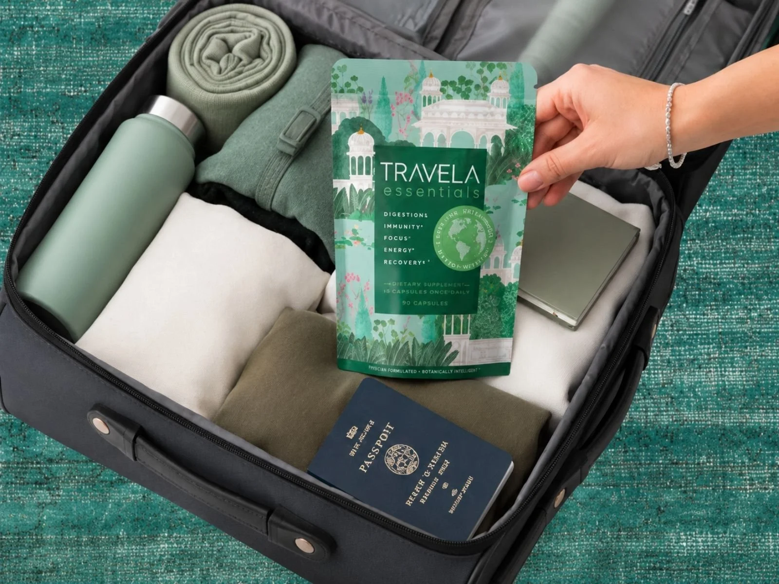 Dr. Monisha Bhanote's Travela Essentials packed for healthy travel.