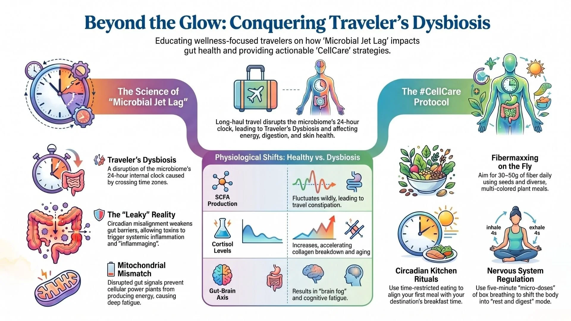 Infographic on traveler’s dysbiosis showing how jet lag affects gut health and listing strategies like fiber-rich meals, circadian eating, and stress regulation.
