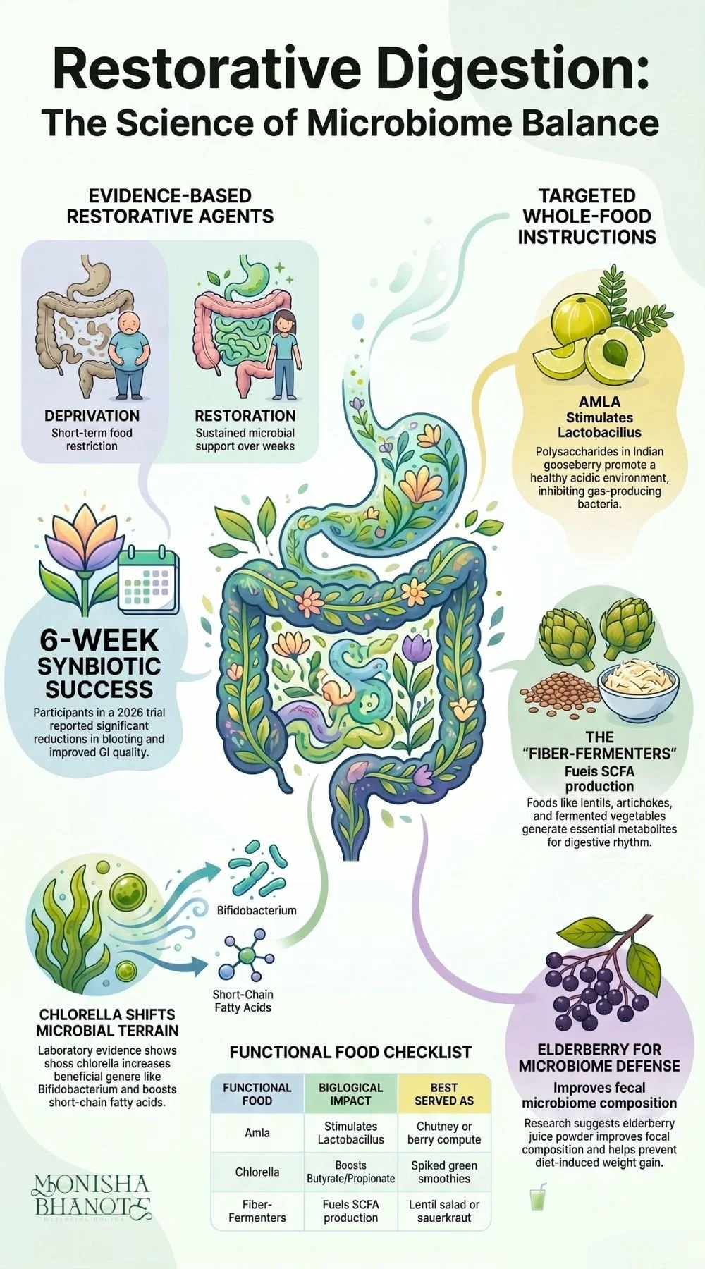 Dr. Bhanote's infographic on microbiome balance, functional foods, and restorative digestion for better gut health.
