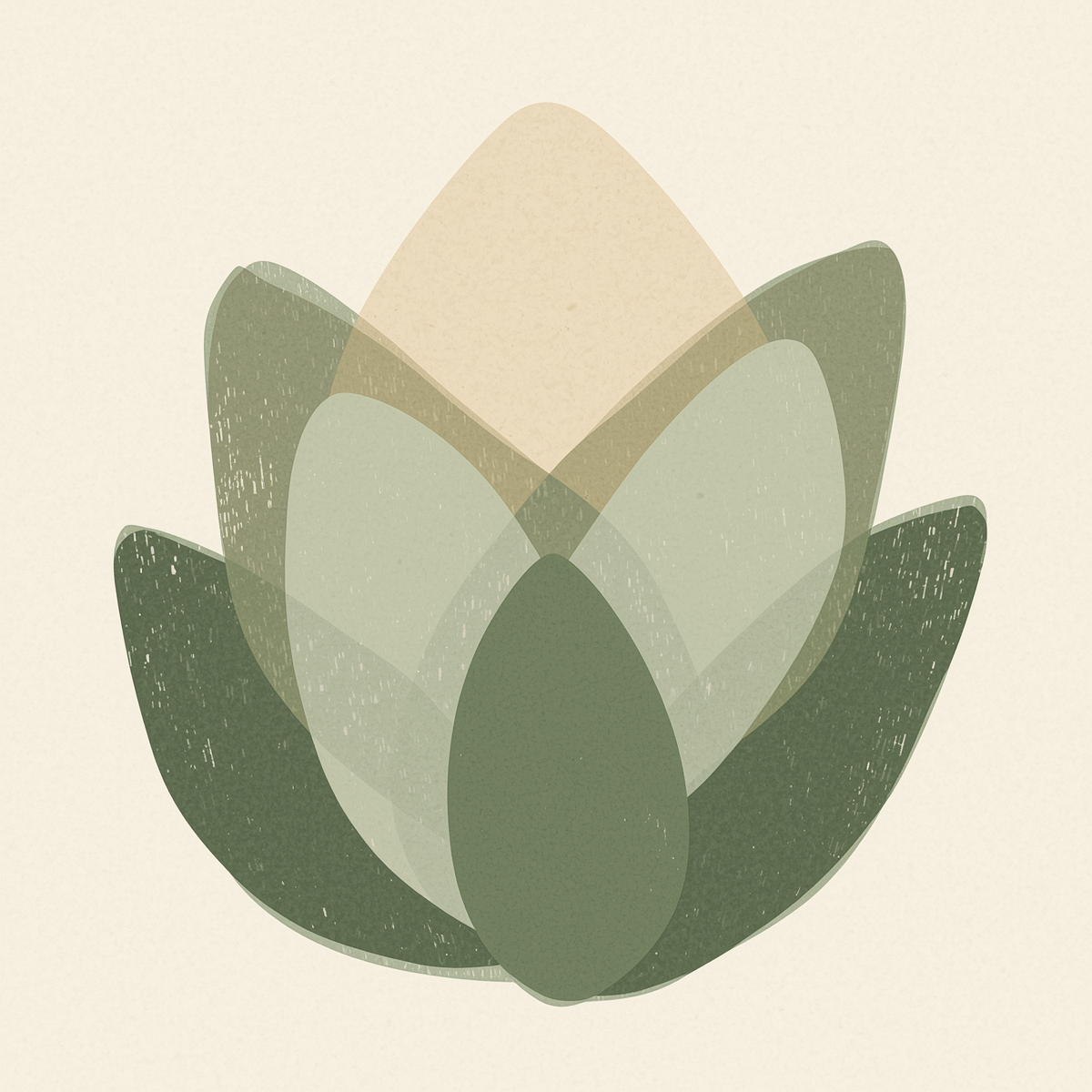 Abstract layered shapes in soft green and neutral tones representing focused awareness and deep emotional processing in Brainspotting therapy