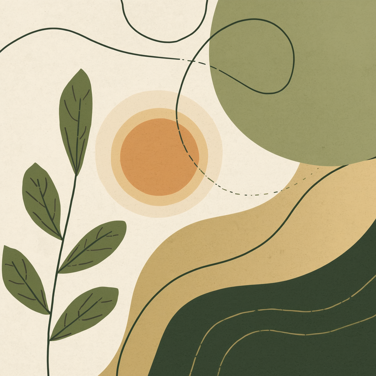 Abstract natural shapes with leaves and warm earth tones representing growth, balance, and support in therapy for adults
