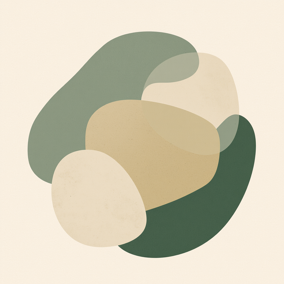 Abstract neutral shapes in soft green and beige tones representing calm and emotional integration in therapy