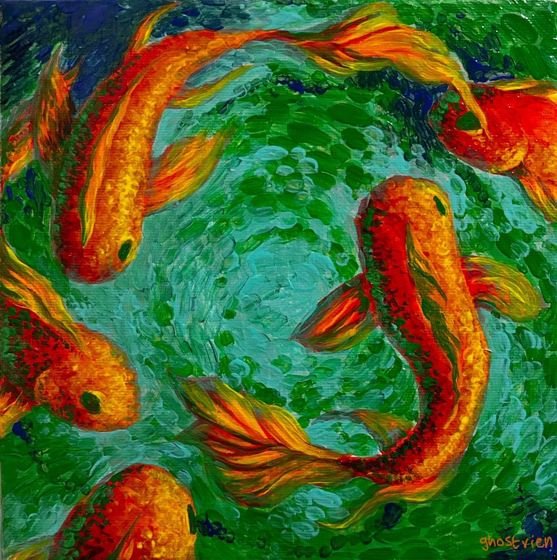 "Don't Release Goldfish Into Lakes" - Acrylic on canvas, 8x8 in