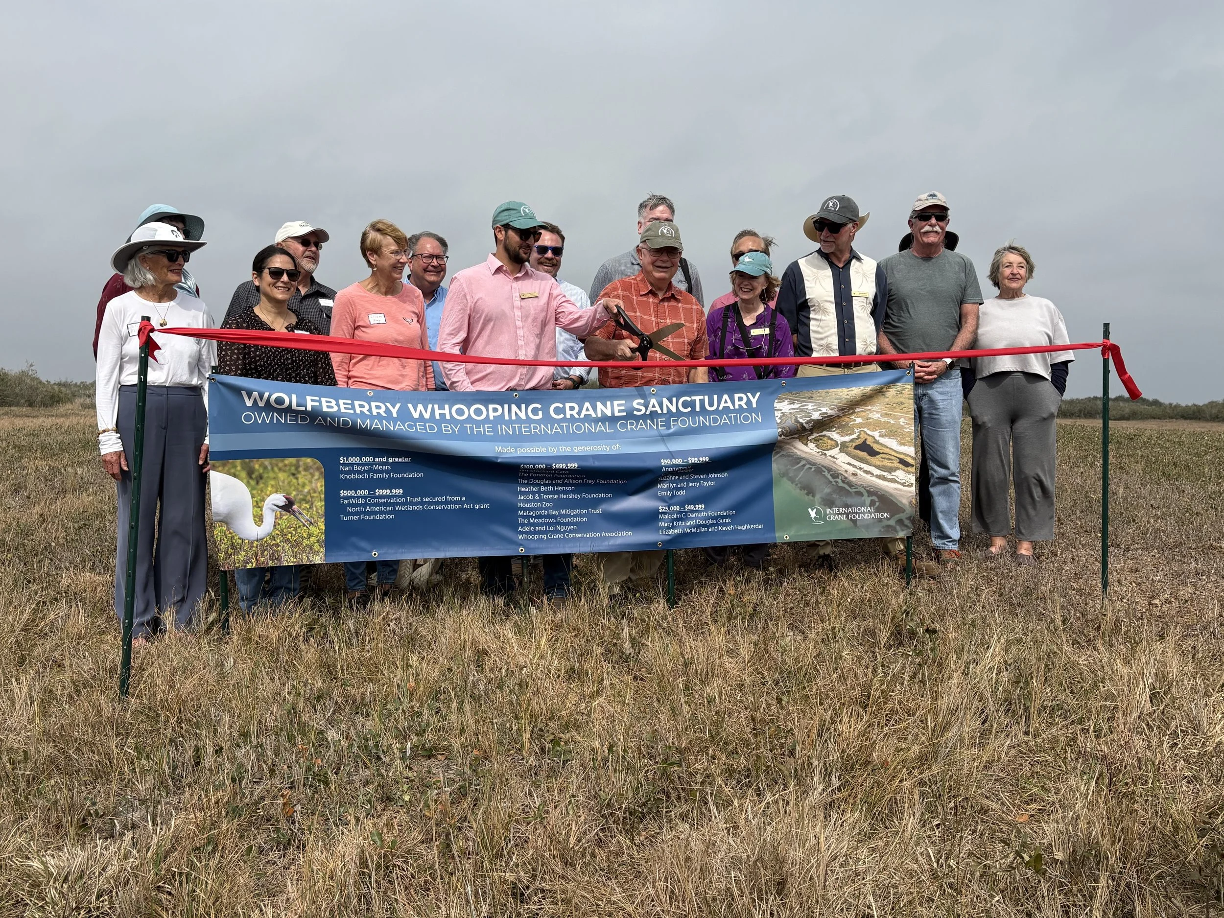 Wolfberry Whooping Crane Sanctuary project dedication near Port O'Connor Texas, featuring partners, major donors, and Farwide Conservation trust Chairman Randy Kleager.