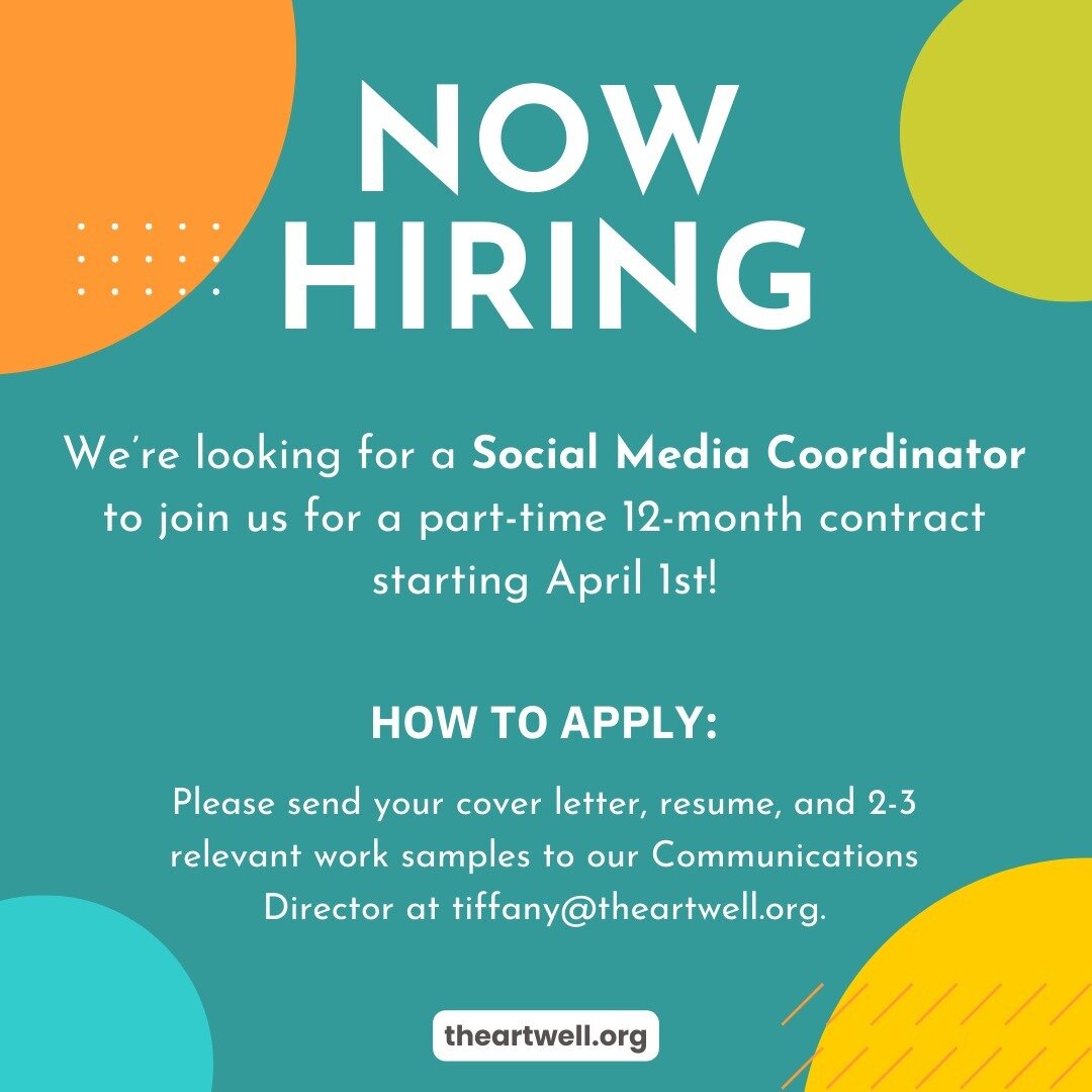 ArtWell is hiring! We're looking for a part-time Social Media Coordinator to help share ArtWell's story and amplify the voices of our students and Teaching Artists. 

This is a hybrid (mostly remote) 12-month contract position for 15 hours/week. To l